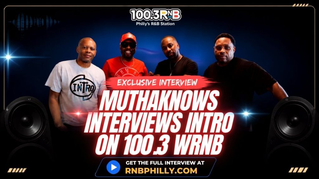 Four men being interviewed on 100.3 WRNB, Philly's R&B station, as indicated by the station logo and text overlay.