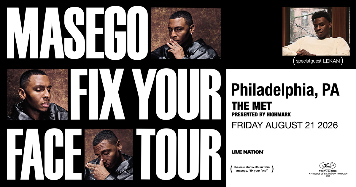 Poster for Masego's "Fix Your Face" tour, featuring close-up portraits of the musician. Text includes tour details, venue, and special guest Lekan.