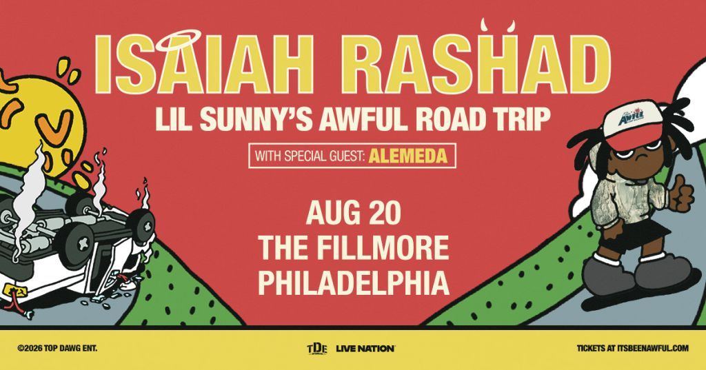 Colorful concert poster for Isaiah Rashad's "Lil Sunny's Awful Road Trip" tour with guest Alemeda, playing at The Fillmore in Philadelphia on Aug 20.