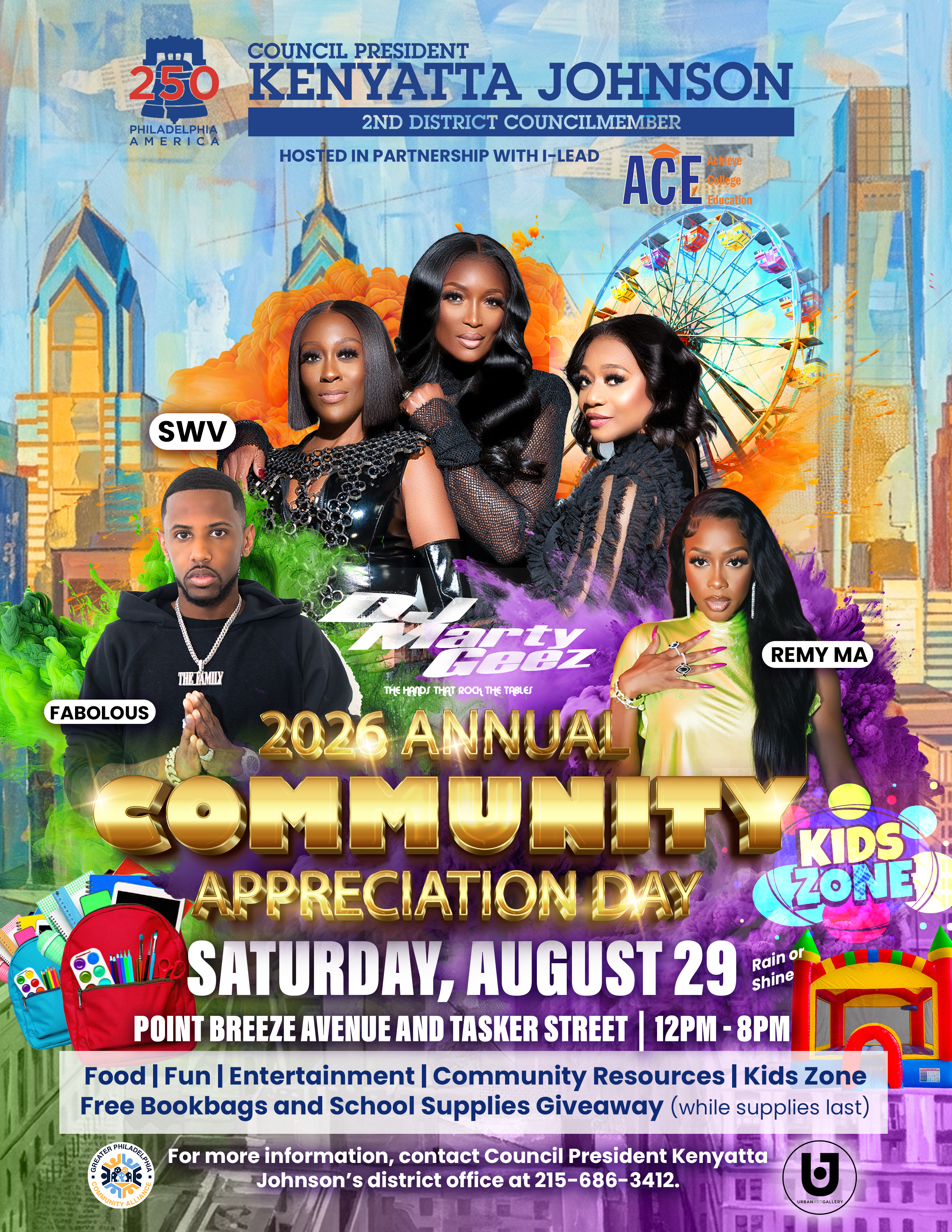 Community appreciation event poster featuring Council President Kenyatta Johnson, entertainment acts, and details for the August 29th event with food, fun, and free school supplies.