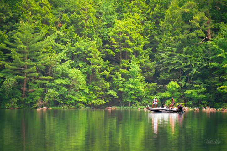 Two people fishing from a boat on a calm lake surrounded by lush green forest,Jim Thorpe,United States,USA
