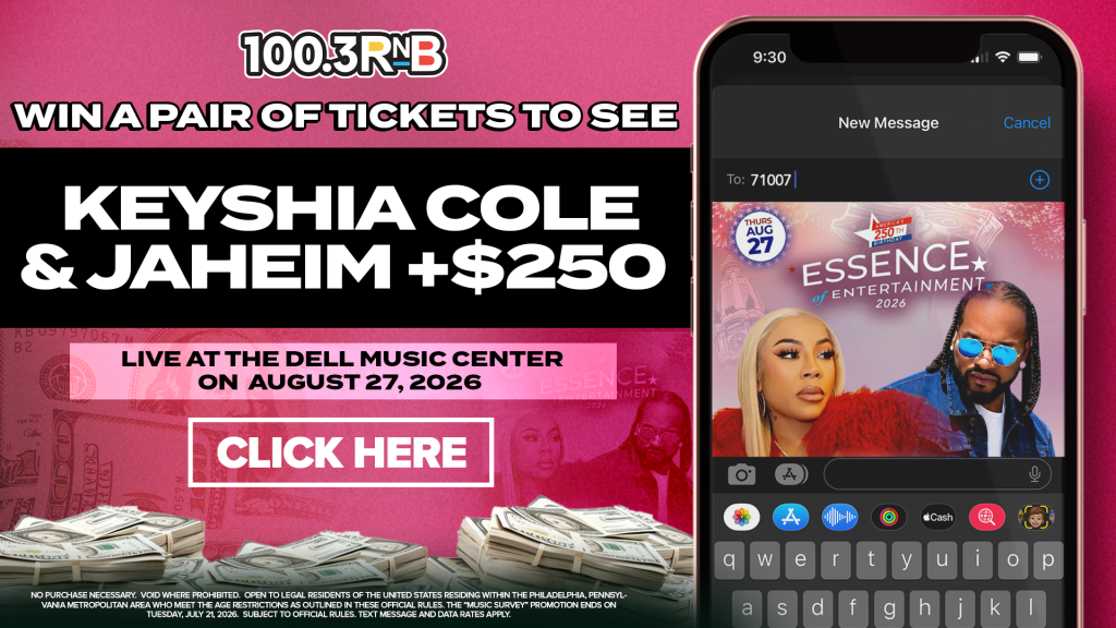 A pink advertisement for a radio station 100.3 RNB, offering a chance to win tickets to see Keyshia Cole and Jaheim perform at the Dell Music Center on August 27, 2026. The advertisement includes a smartphone screen displaying a message about the event.