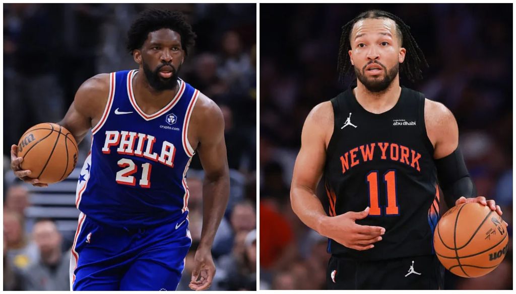 Two basketball players, one wearing a Philadelphia 76ers jersey with number 21 and the other wearing a New York Knicks jersey with number 11, dribbling basketballs on a basketball court.
