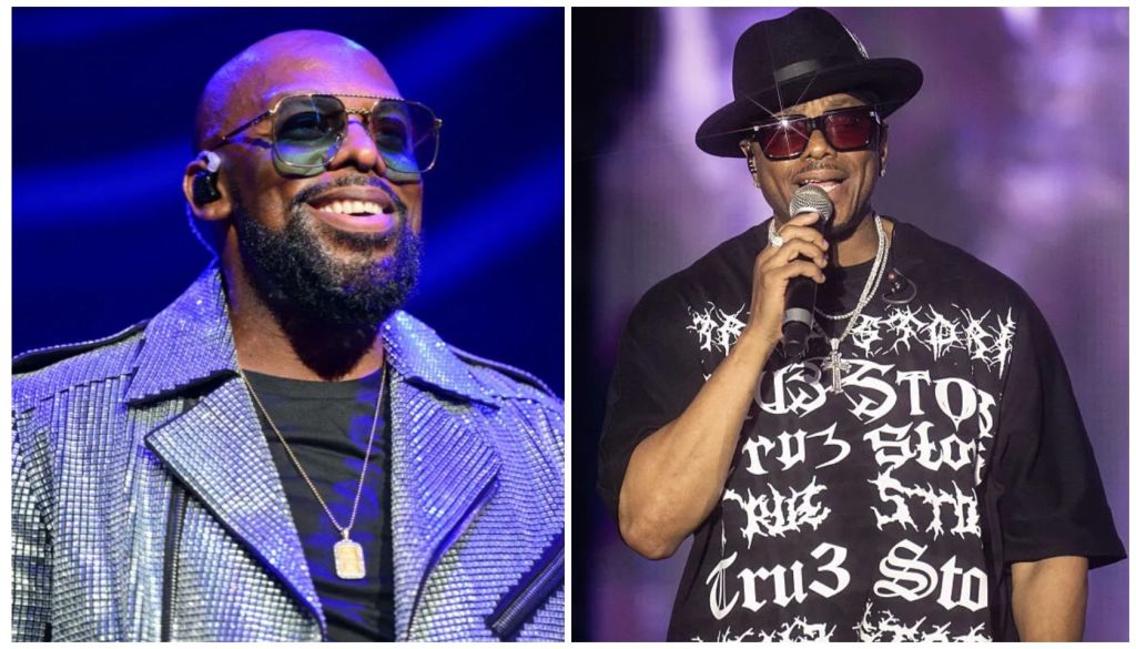 Two images of a bearded Black man performing on stage, one wearing a blue jacket and sunglasses, the other wearing a black hat and t-shirt with text "Boston Cru 3 Sto".